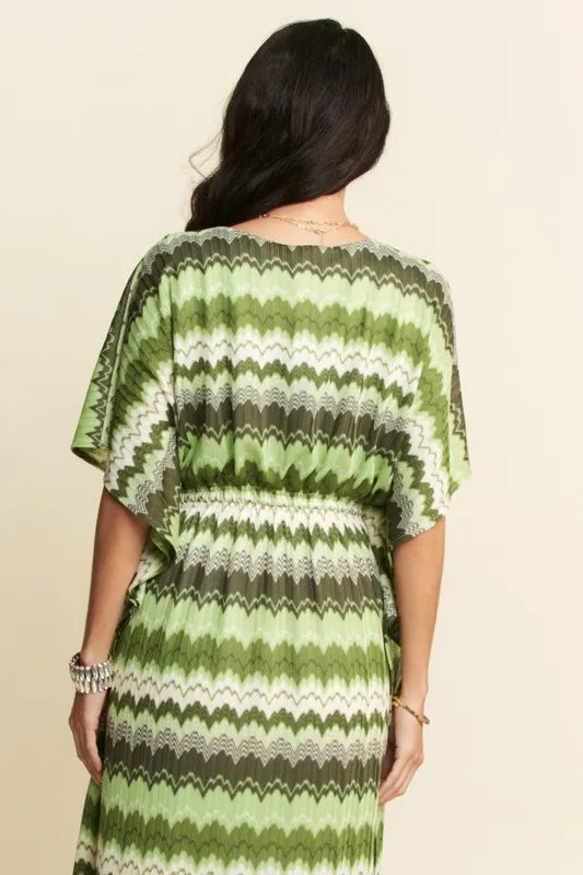 Multi Color Wavy Tie Waist Flowy Sleeve Dress - Sage Multi - product view 10