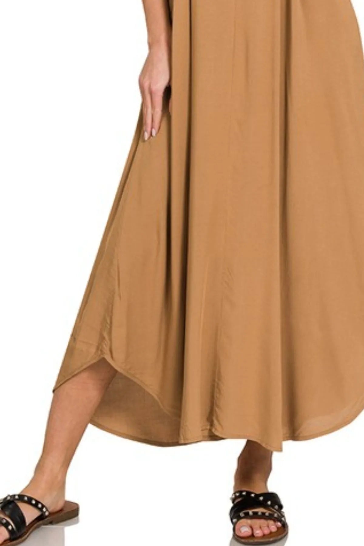 Woven Arc Hem Cami Dress With Flowy Pockets - Deep Camel - product view 3