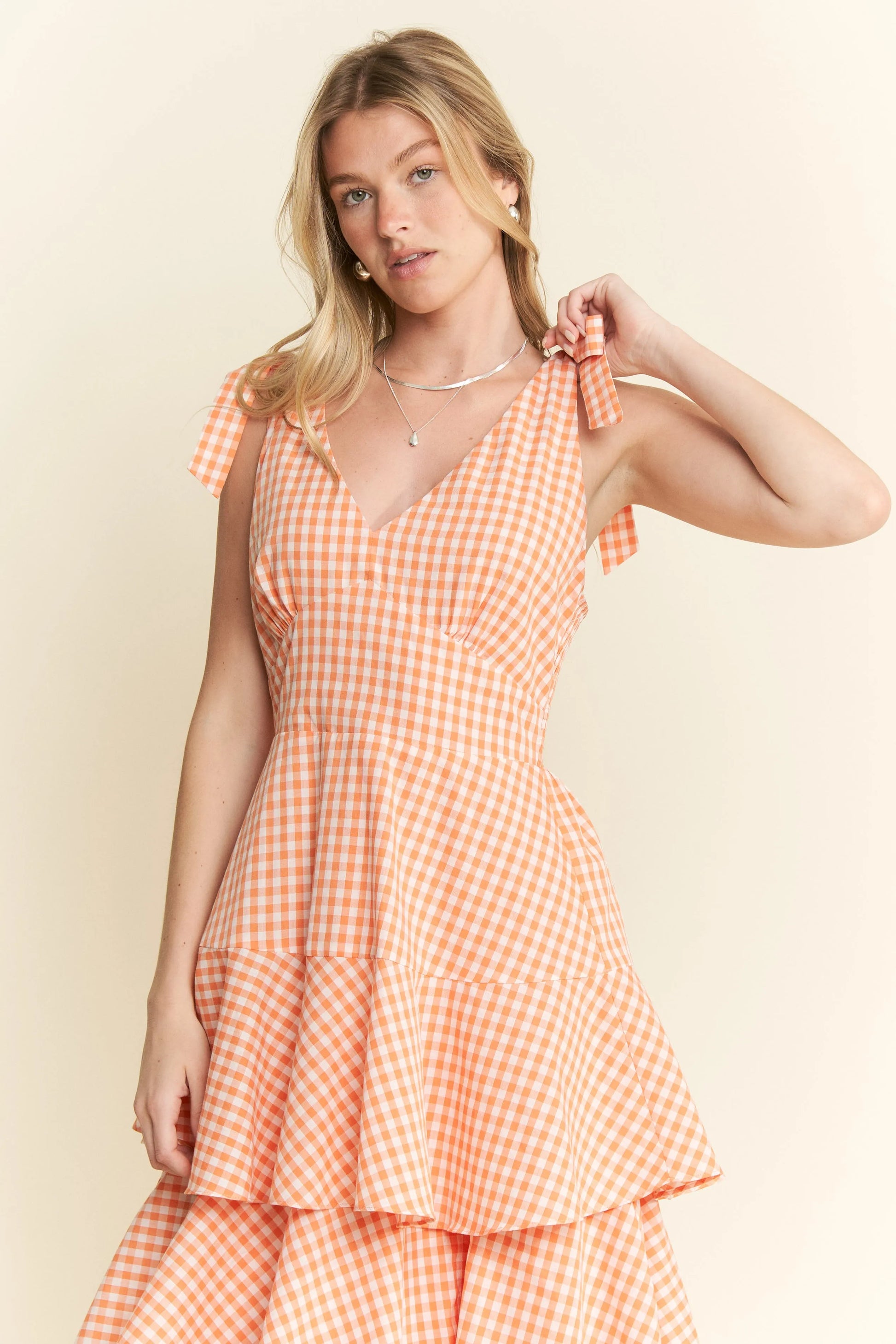 Sleeveless Gingham Print Tiered Midi Dress in Orange - product view 9