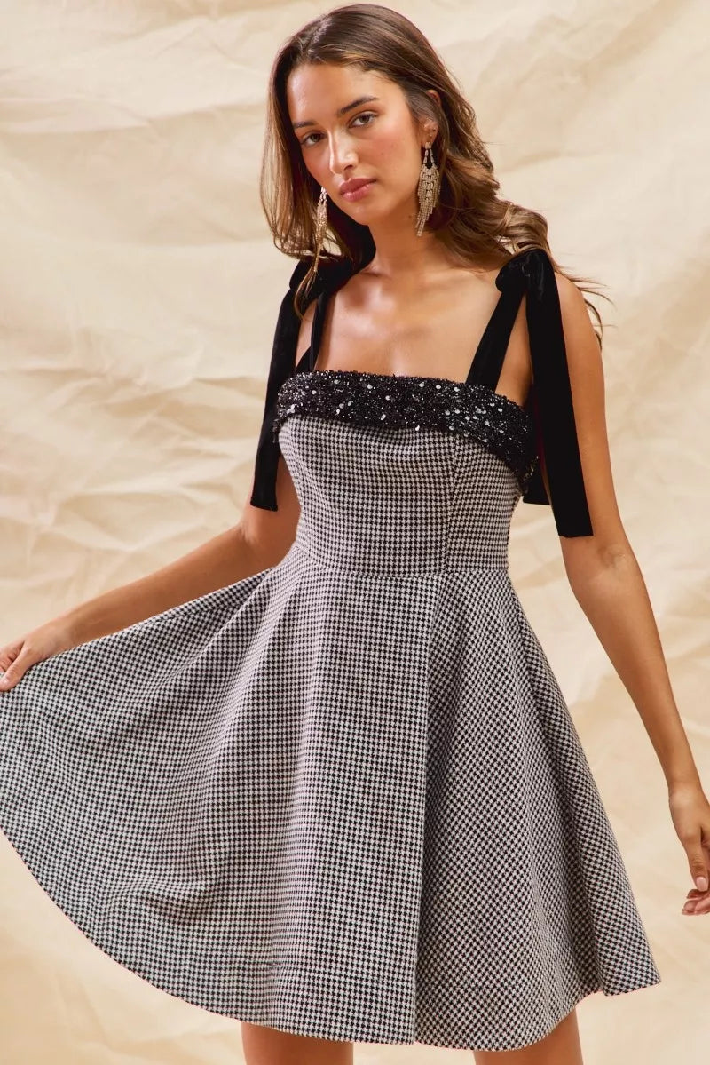 Houndstooth Fit Flare Mini Dress with Shoulder Tie in Black - product view 4
