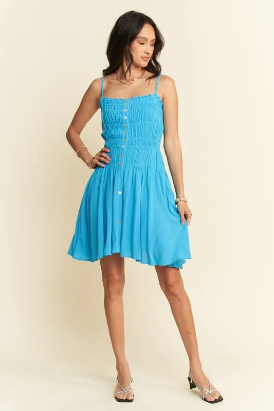 Smocking Bodice Sleeveless Button Down Mini Dress in Azure - product view 6
