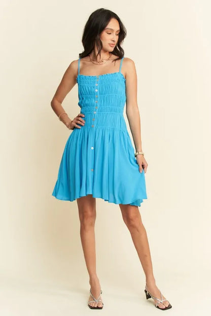 Smocking Bodice Sleeveless Button Down Mini Dress in Azure - product view 6