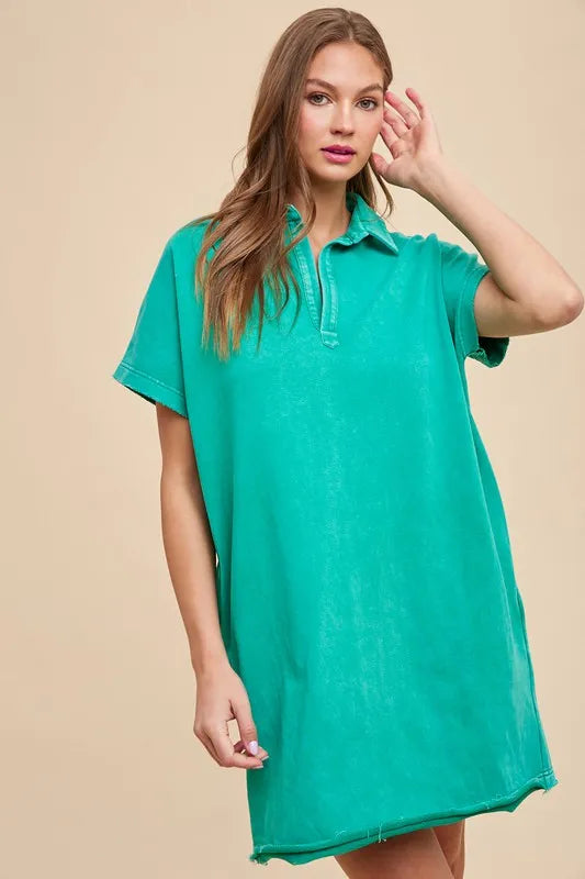 Mineral Washed Johnny Collar Short Sleeve Dress - Turquoise - product view 1