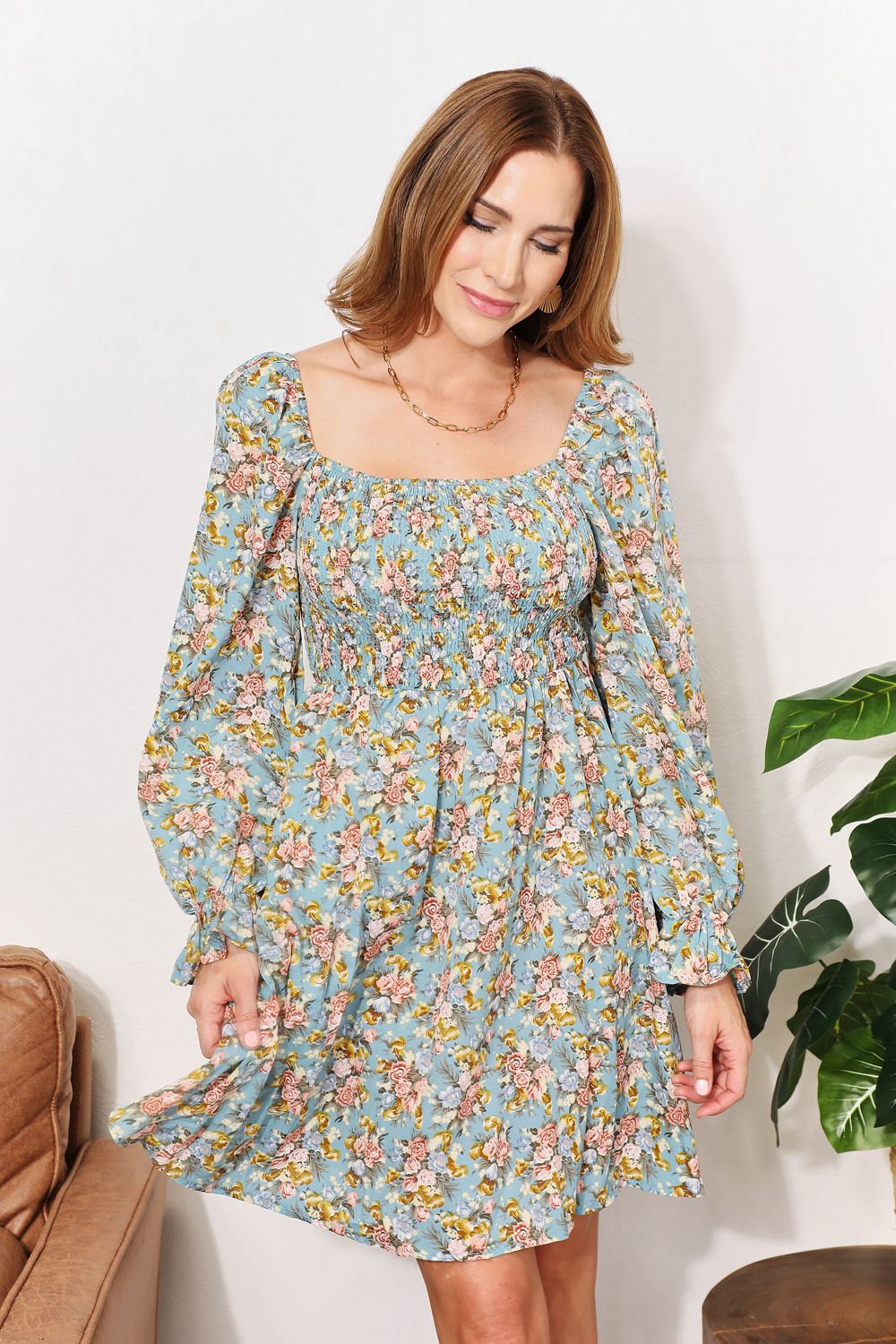 Honey Floral Smocked Flounce Sleeve Square Neck Dress - product view 3