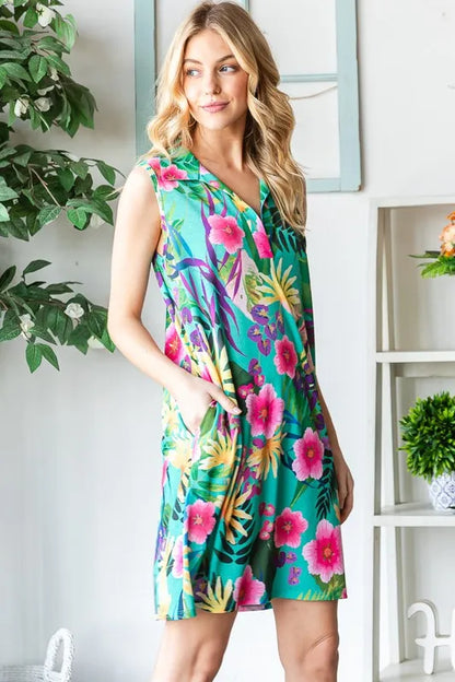 Full Size Floral Johnny Collar Sleeveless Dress Plus Size in Green - product view 6