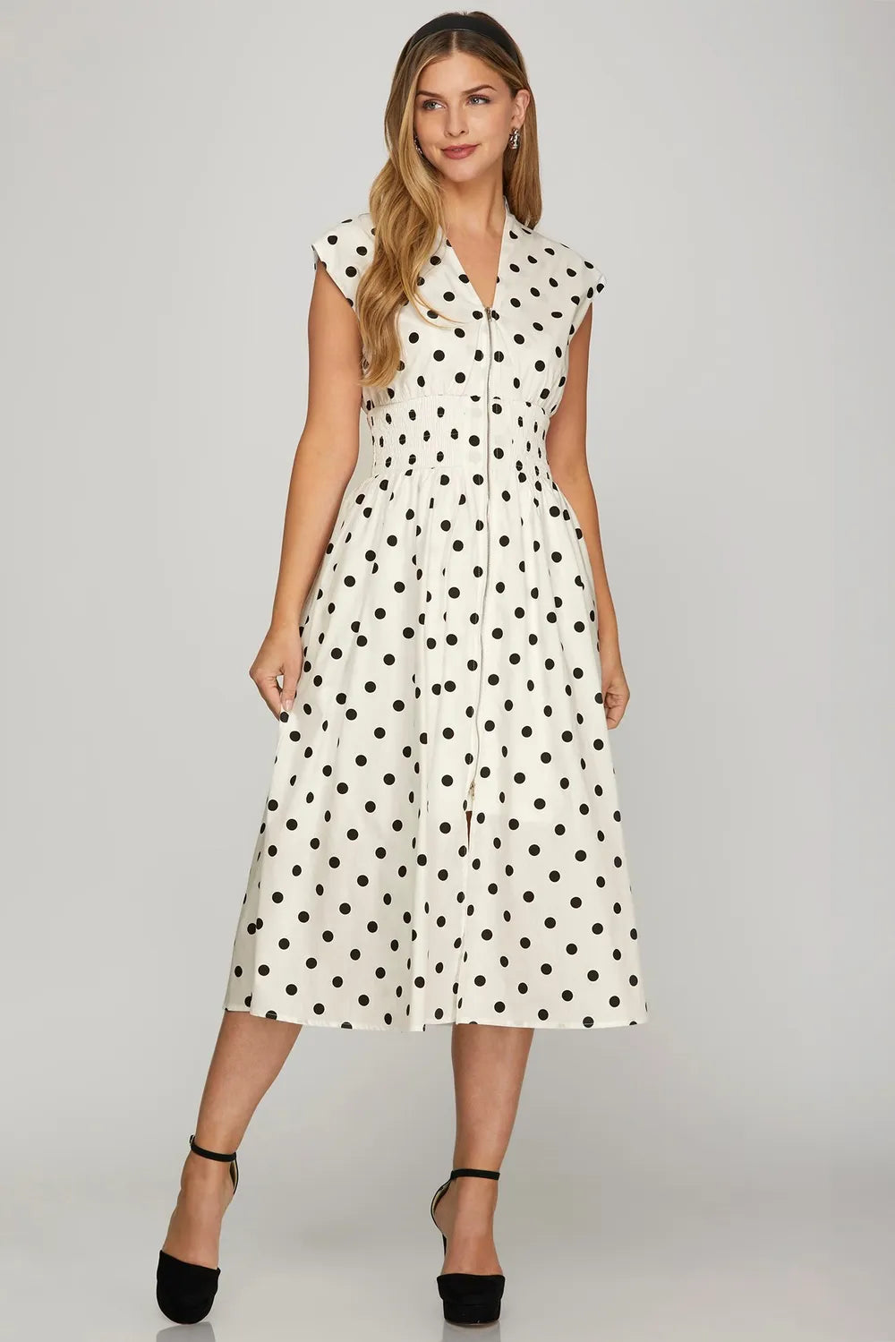 Front Zip Polka Dots Cap Sleeve Midi Dress - Off White - product view 1