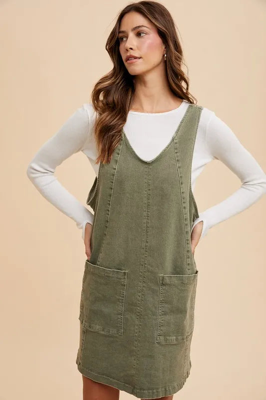 V-Neck Adjustable Strap Denim Overall Dress with Pockets - Army Green - product view 2