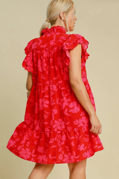 Full Size Two Tone Floral Print Ruffle Cap Sleeve Mini Dress Plus Size in Red - product view 6