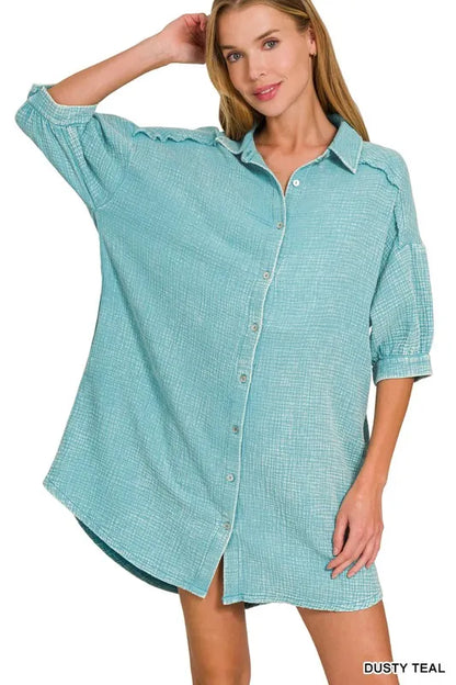 Washed Double Gauze Button Down Shirt Dress - Dusty Teal - product view 4