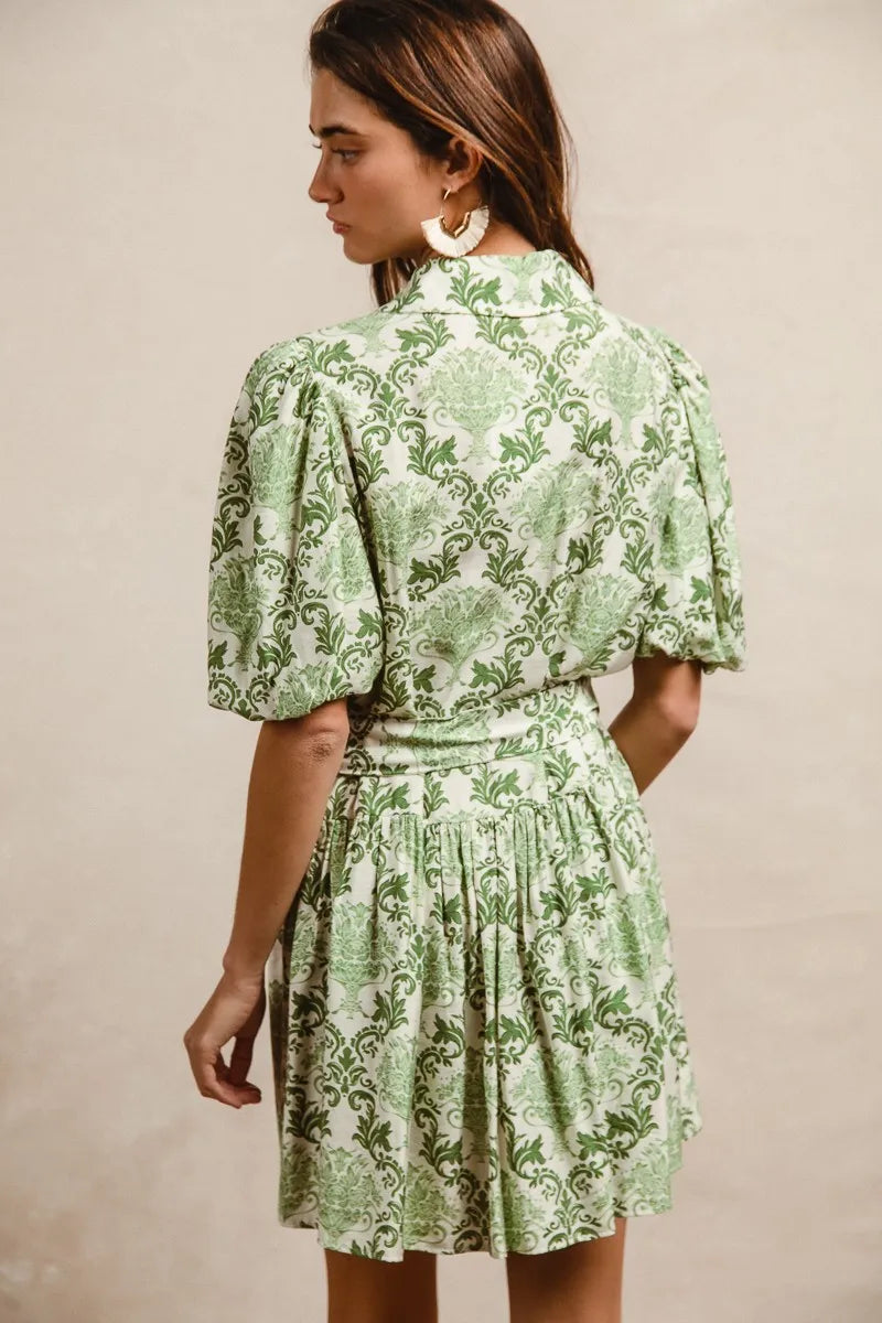 Tied Floral Short Sleeve Mini Shirt Dress in Green/Cream - product view 5