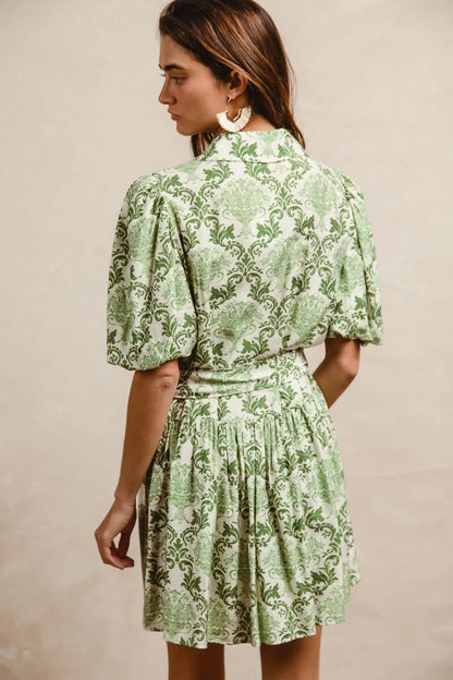 Tied Floral Short Sleeve Mini Shirt Dress in Green/Cream - product view 5