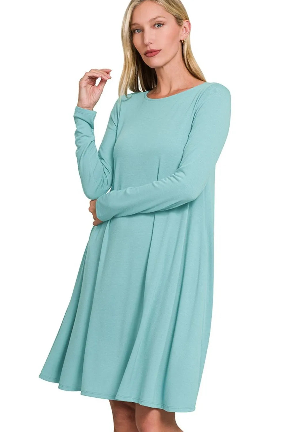 Long Sleeve Flare Dress With Pockets - Dusty Teal - product view 2