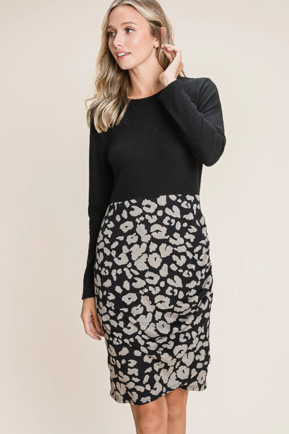 Leopard Color Block Knit Dress in Black - product view 4