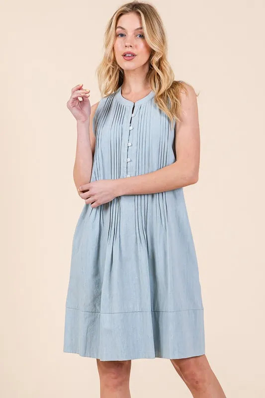 Denim Pintuck Detail Sleeveless Midi Dress in Lt Denim - product view 7