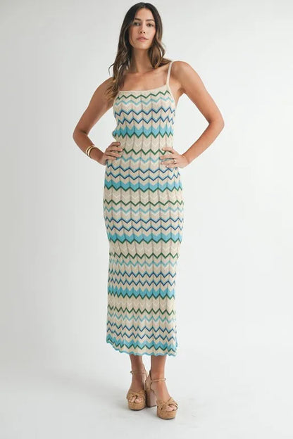 Lightweight Pointelle Chevron Knit Maxi Dress - Aqua - product view 2
