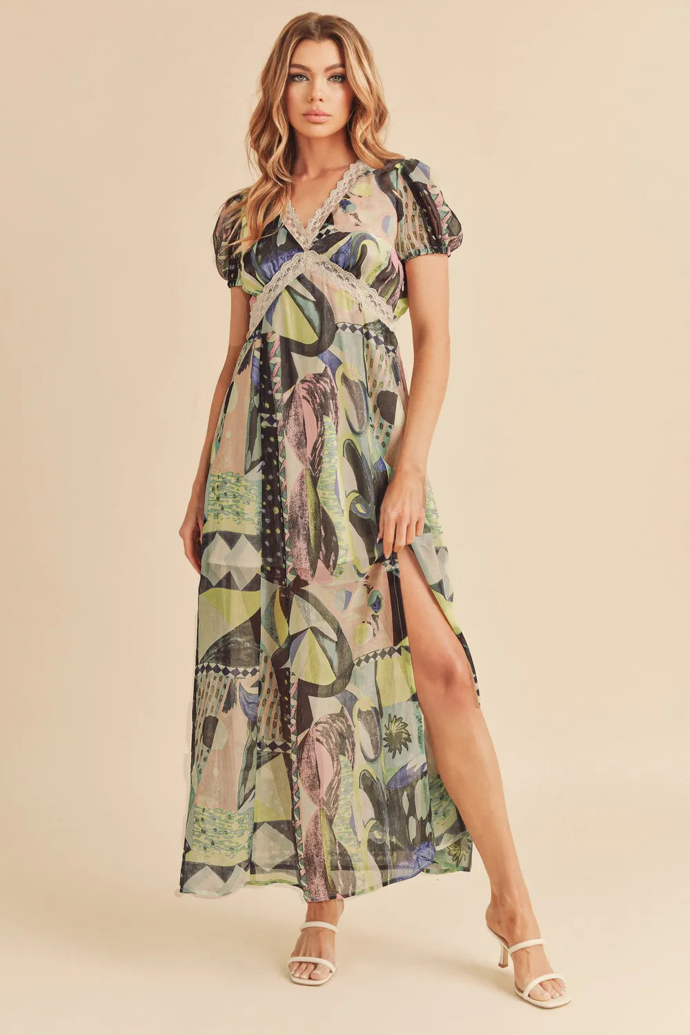 Lace Detail Slit Geometric Print Short Sleeve Maxi Dress in Green - product view 8