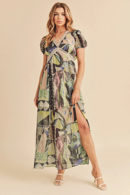Lace Detail Slit Geometric Print Short Sleeve Maxi Dress in Green - product view 8
