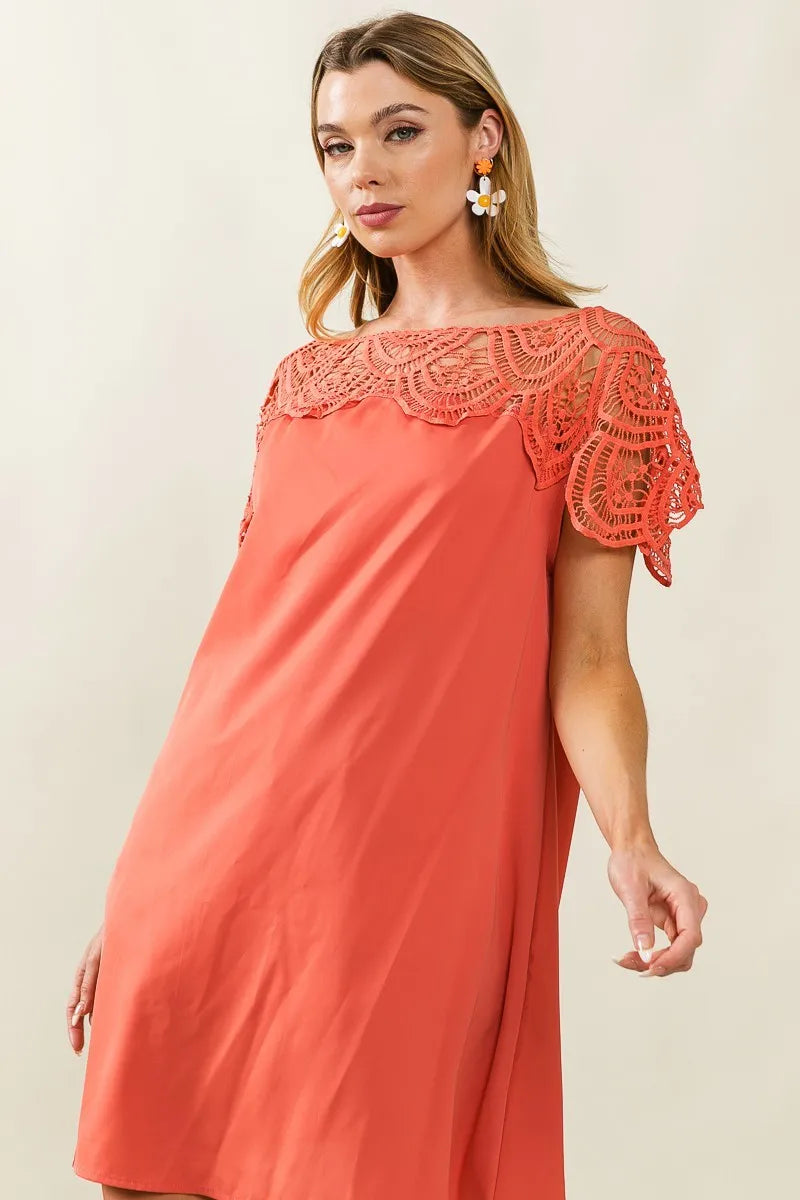 Crochet Lace Yoke Detailed Wrinkled Dress - Apricot - product view 8