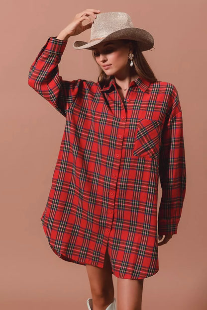Christmas Checker Plaid Button Up Shirt Dress in Red Multi - product view 1