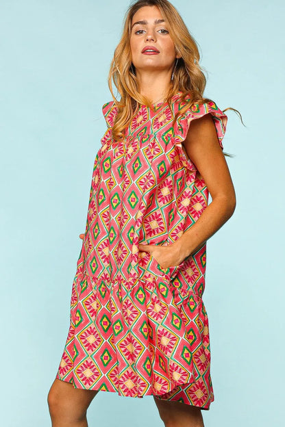 Full Size Ruffled Printed Dress with Side Pockets in Coral - product view 3