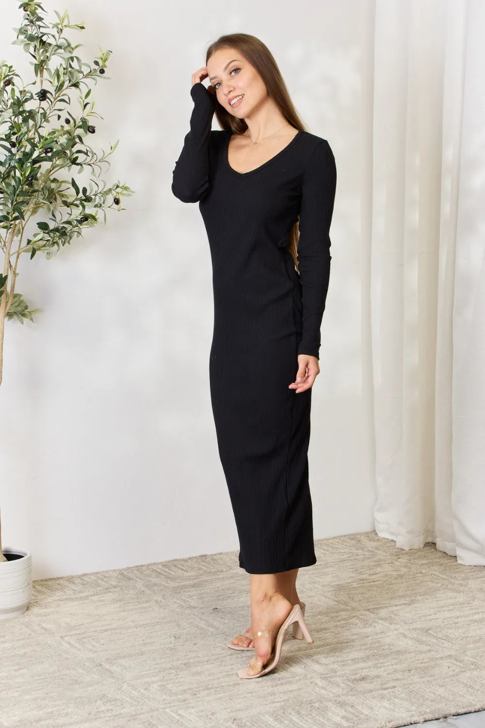 Full Size Ribbed Long Sleeve Midi Slit Dress in Black - product view 7