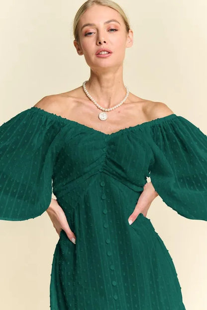 Swiss Dotted Ruched Ruffle Open Back Midi Dress in Forest Green - product view 4