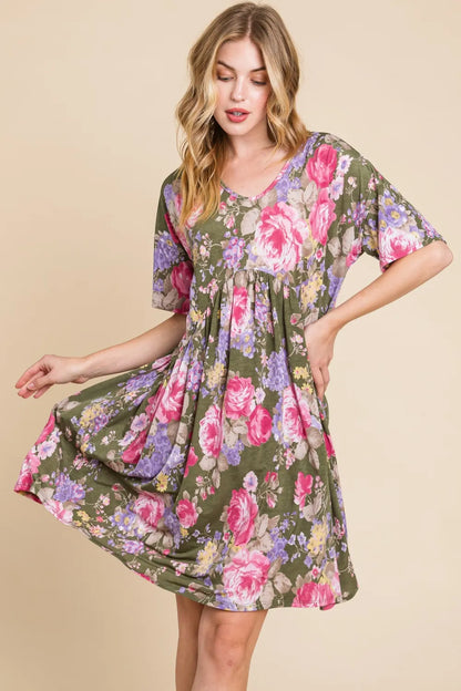 Flower Print V-Neck Ruched Dress in Floral - product view 4