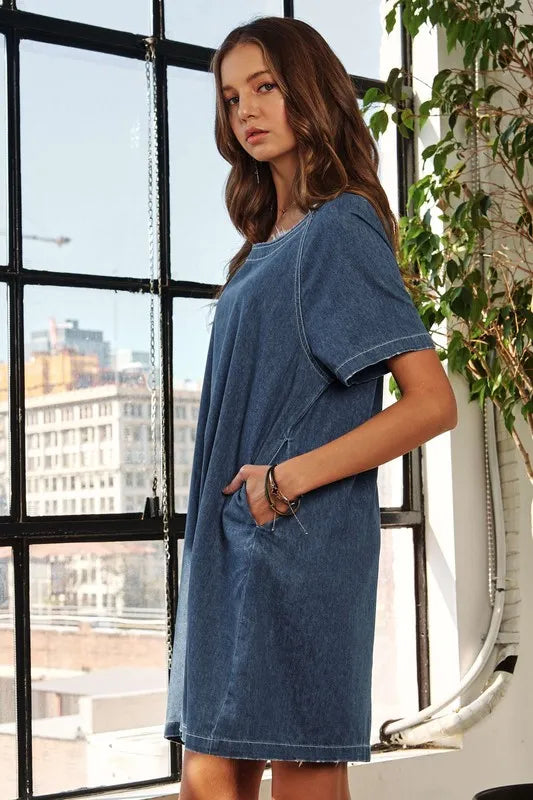 Raw Hem Mini Denim Dress with Pockets in Dark - product view 5