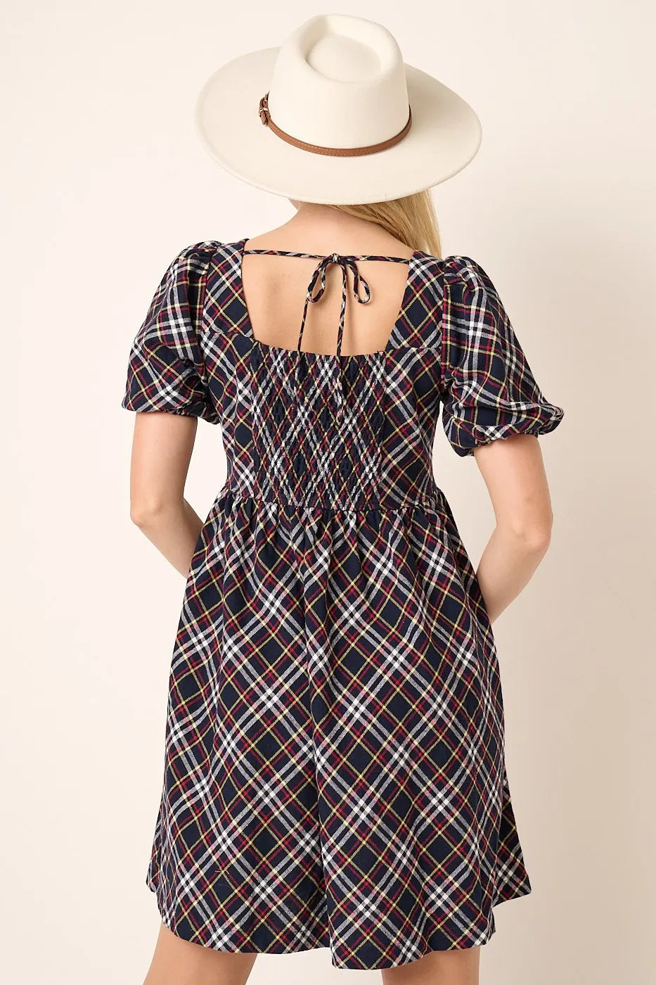 Checkered Print Puff Sleeve Babydoll Mini Dress in Navy - product view 3