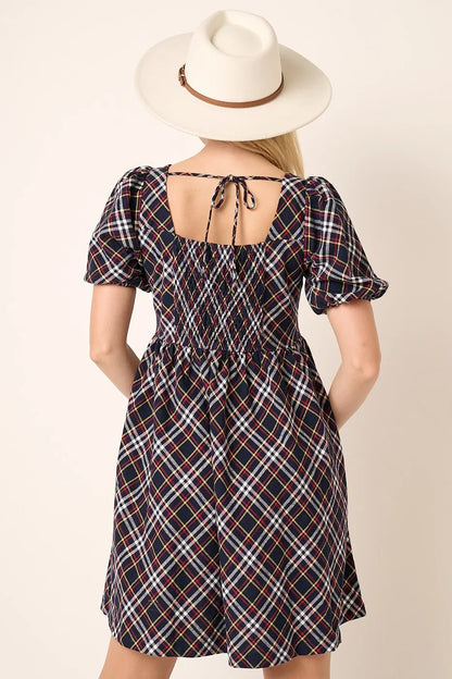 Checkered Print Puff Sleeve Babydoll Mini Dress in Navy - product view 3