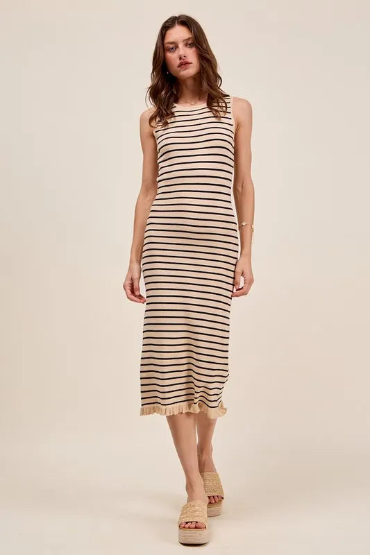 Stripe Sleeveless Sweater Knit Maxi Dress With Ruffled Hem - Oatmeal/Black - product view 1