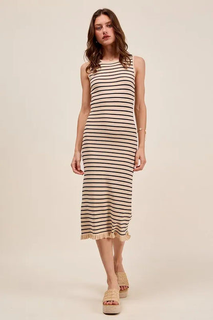 Stripe Sleeveless Sweater Knit Maxi Dress With Ruffled Hem - Oatmeal/Black - product view 1