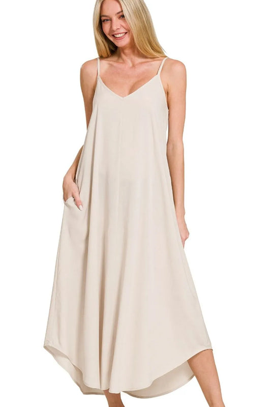 Woven Arc Hem Cami Dress With Flowy Pockets - Sand Beige - product view 1