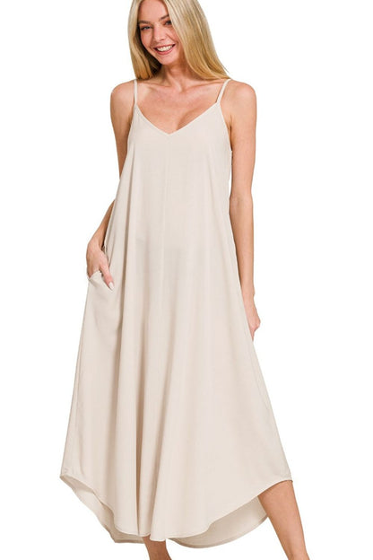 Woven Arc Hem Cami Dress With Flowy Pockets - Sand Beige - product view 4
