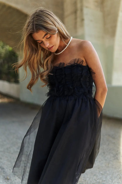 Mesh Ruffle Tube Top Swing Dress in Black - product view 5