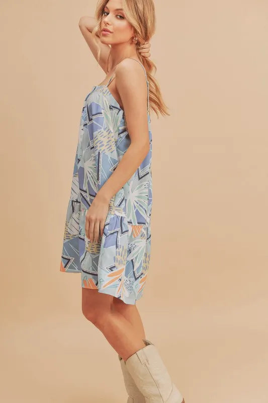 Printed Ruffled Hem Square Neck Mini Cami Dress in Light Blue - product view 4