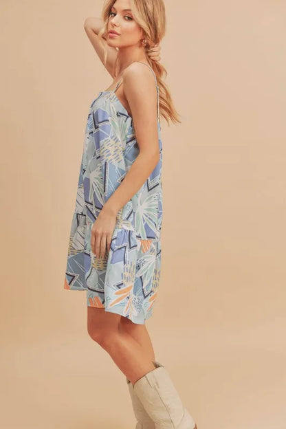 Printed Ruffled Hem Square Neck Mini Cami Dress in Light Blue - product view 4