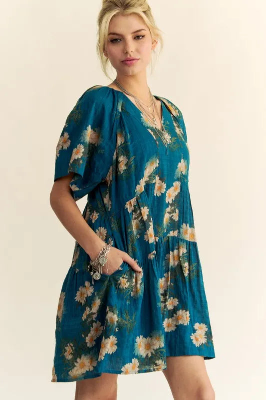 Floral Print Short Bell Sleeve Pleated Mini Dress in Teal Blue - product view 6