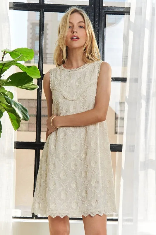 Applique Round Neck Sleeveless Shift Dress in Beige - product view 3