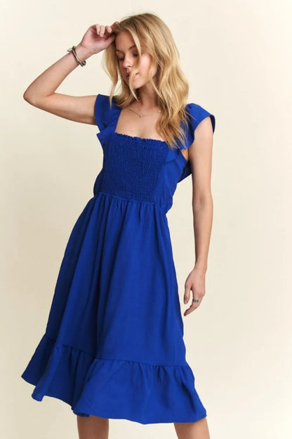 Smocked Square Neck Ruffled Cap Sleeve Dress in Royal Blue - product view 4