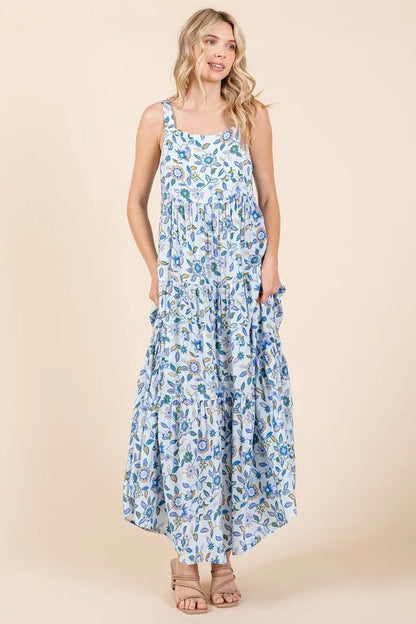 Flower Print Tiered Sleeveless Empire Maxi Dress in Sky Blue - product view 2