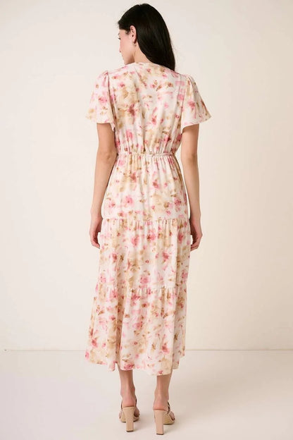 Flower Print Flutter Sleeve V Slit Maxi Dress - Pink - product view 5