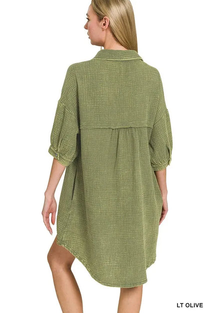 Washed Double Gauze Button Down Shirt Dress - Lt Olive - product view 3