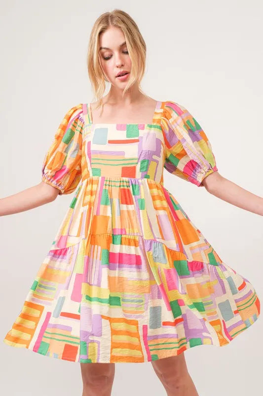 Square Neck Puff Sleeve Geo Printed Mini Dress in Yellow Multi - product view 5