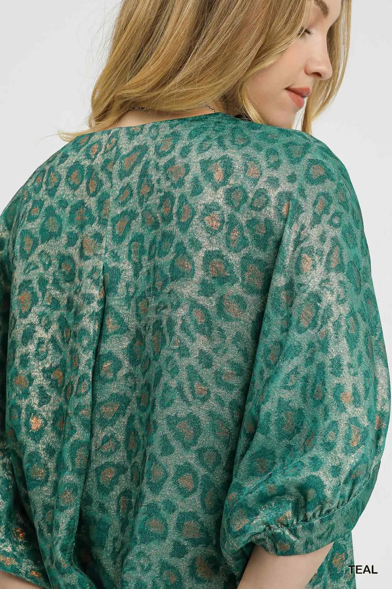 Metallic Leopard Print V-Neck Kimono Dress - Teal - product view 4