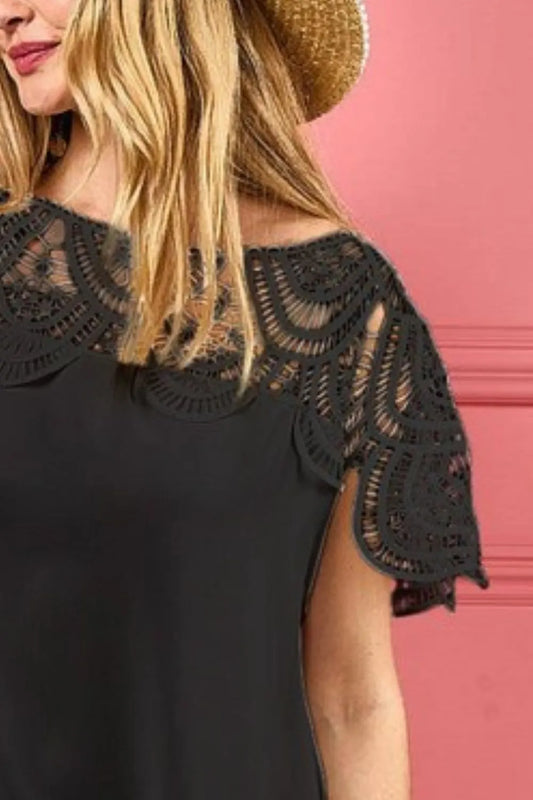 Crochet Lace Yoke Detailed Wrinkled Dress - Black - product view 2