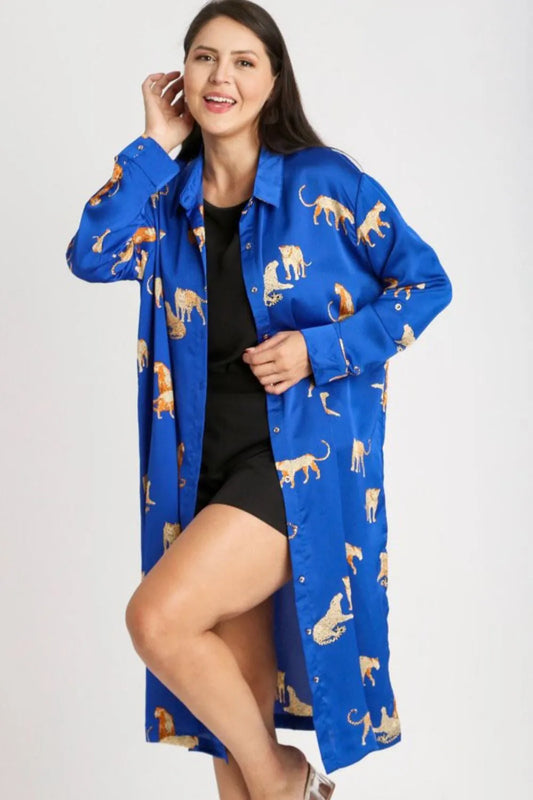 Full Size Animal Print Button Down Midi Shirt Dress Plus Size - Royal Blue - product view 2