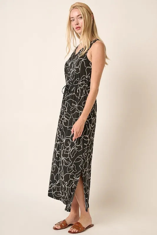 Side Slit Flower Print V-Neck Sleeveless Dress in Black - product view 4