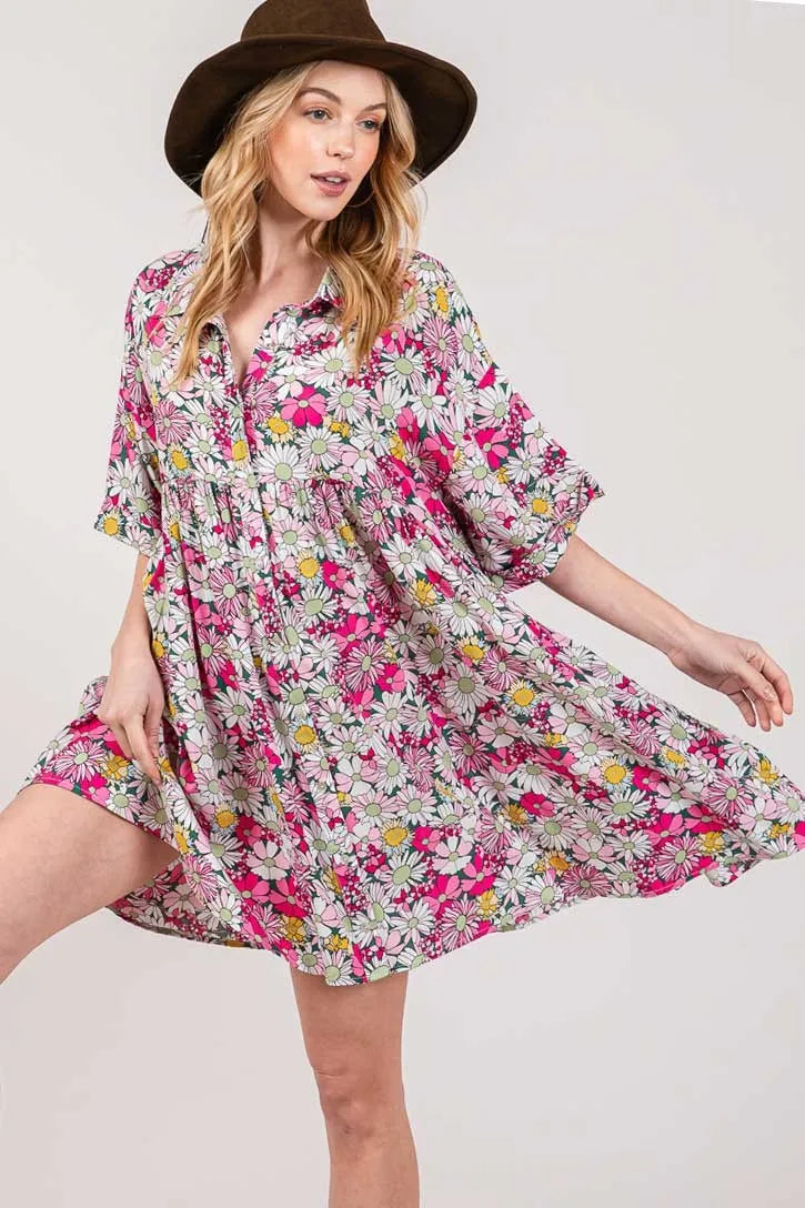 Floral Button Down Mini Shirt Dress in Multi - product view 5