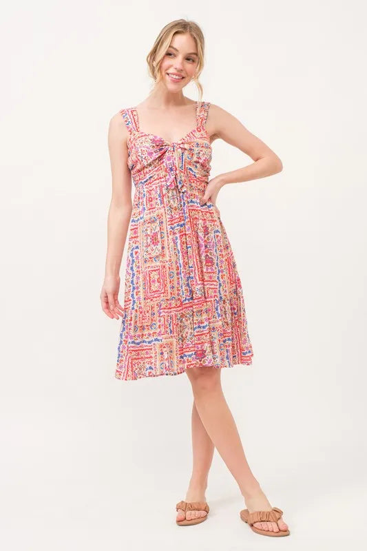 Tied Front Smocked Back Tiered Boho Printed Dress in Red Multi - product view 8